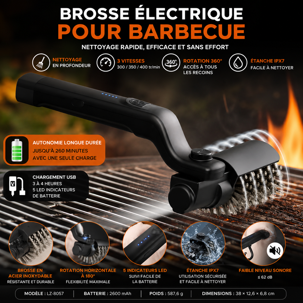 Brosse électrique pour barbecue, idéale pour nettoyer les graisses et les saletés tenaces des grilles.