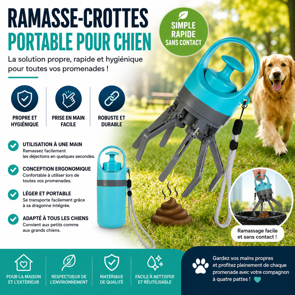 Ramasse-crottes portable et léger pour chiens avec distributeur de sacs intégré, pelle à huit griffes pour nettoyer les toilettes des animaux de compagnie.